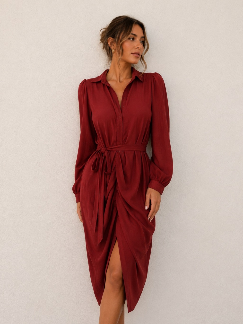 Burgundy  Sheath Dress with Ruched Waist